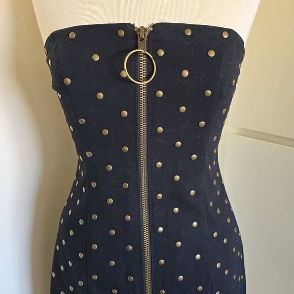 Vtg Betsey Johnson Womens Bodycon Dress Black Stretch Denim Studded Front Zip St - Picture 2 of 8